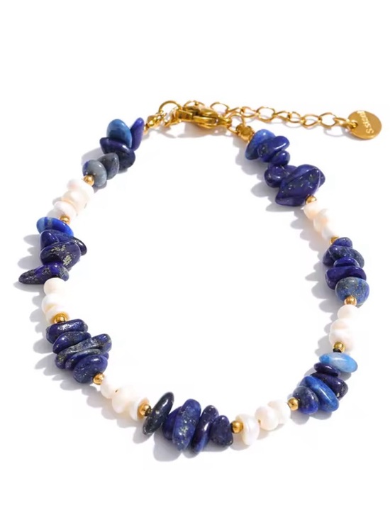 Jewelry - Natural Lapis Stone Freshwater Pearl Bead Bracelet Waterproof Stainless Steel